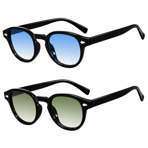AHEZQILU Lunettes anti lumière bleue homme femme, 2 pièces monture ronde rétro noir brillant, verres bleus et verts, style lunettes de soleil homme, lunette de soleil homme pour écran conduite voyage