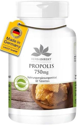 Propolis Tabletten - 750mg - 22,5mg Galangin - 60 Tabletten | HERBADIREKT by Warnke Vitalstoffe - Deutsche Apothekenqualität