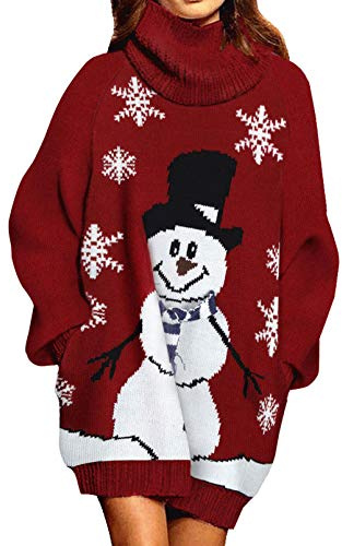 Viottiset Robe pull de Noël en tricot à manches longues et col roulé pour femme, S