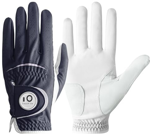 FINGER TEN Golf Gloves Men Right Hand Left Leather with Ball Marker All Weather Value Pack, Mens Golf Glove Wear Resistant Stable-Grip Weathersof for Swing (Dark Blue, M/L-Worn on Left Hand)