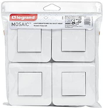 LEGRAND | Multipack Mosaic 4 Interrupteurs Va-Et-Vient Complet Blanc, Fixation À Vis, Plaque De Finition Brillante, Connexion Rapide Sans Outil