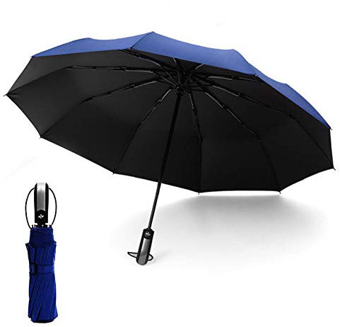 HYCOPROT Regenschirm Sturmfest bis 140 Km/h Starke Winddichte Taschenschirm Auf-Zu-Automatik,Kompakt,Zusammenklappbarer Winddichter Regenschirm Mit Uv-Blockbeschichtung(blau)