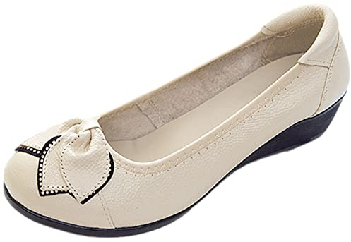 Jamron Mujer Piel Genuina Zapatos Cómodos Suela Blanda Flor Bailarinas Talón de Cuña Baja Pumps Pantuflas Beige SN070358 EU42