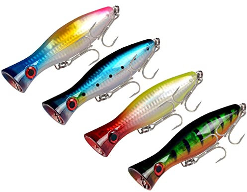 GudGmtoy 4 Stück Schwimmende Angelköder Großer Popper Köder Topwater Angelköder Salzwasser Kunstköder Bass Thunfisch Popper Köder für Wolfsbarsch, Hecht, Barsch Blue Green-Laser