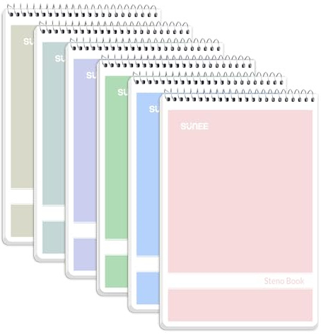 SUNEE Steno Pads 6x9 6 Pack, Gregg Rule, 60 Sheets, 6 Assorted Color Spiral Notebook 6x9, White Paper, Take Notes with Top Spiral Notebook, for School, University, College, Work, Office