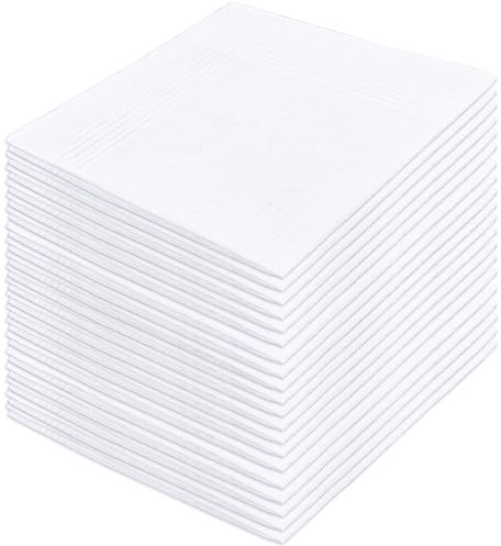 DHOOZ 20 Pcs Cotton Handkerchiefs, White Men's Handkerchiefs & Pocket Squares, Large Hankies for Suits (Soft 100% Cotton Hanky Bulk), Mens Handkerchief