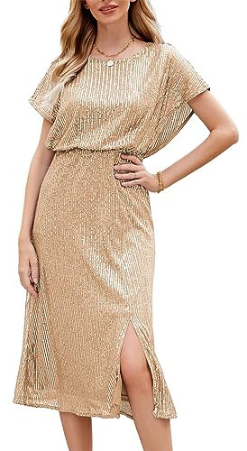 JASAMBAC Women's Gold Sequin Slit Dress, XL, Crew Neck, Short Sleeve, Midi, Formal, Party, Wedding, Cocktail, Birthday, Glitter, Sparkly, Sexy, Comfortable, Plus Size