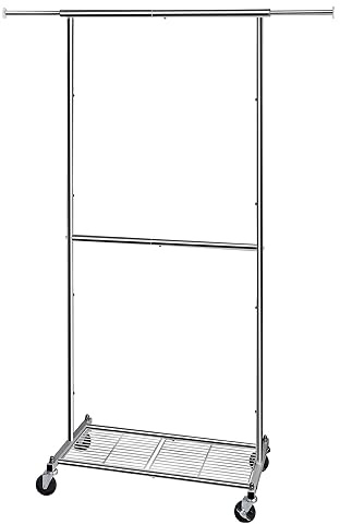 T-LOVENDO.ES Perchero Burro Metálico con Ruedas y Barra Extensible | Burro de Ropa Ajustable con Estante Inferior para Zapatos | Colgador Portátil para Dormitorio, Lavandería, Vestidor u Oficina