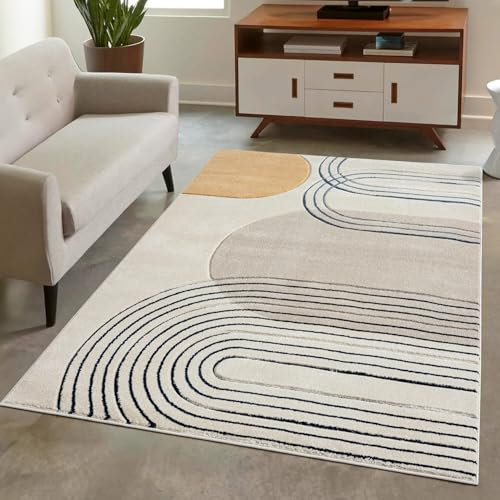 carpet city Teppich Kurzflor Beige - 80x150 cm - Moderne Wohnzimmer-Teppiche Geo-Muster mit 3D-Optik - Flachflor Bodenbelag Deko Schlafzimmer, Esszimmer