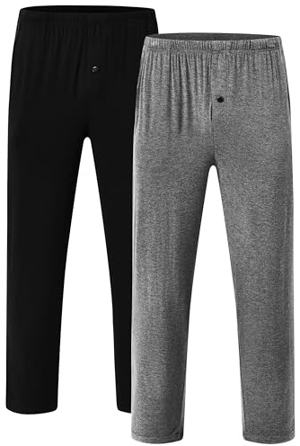 Jinshi Pantalon Pijama Hombre Largo Modal Pantalones de Dormir Estar en Casa Bragueta con Boton Suave Comodo Negro, Gris Oscuro Talla L