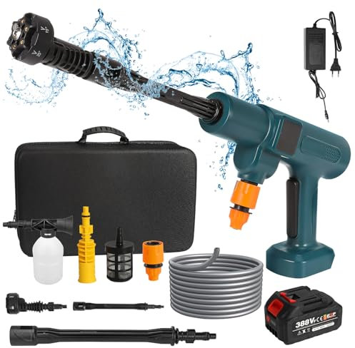 Hochdruckreiniger mit Akku, 18 V, Wasserdurchfluss von 4,1 l/min, 6-in-1-Multifunktionsdüse, 5 m Schlauch, tragbarer Hochdruckreiniger, kabellos, 200 bar, zum Waschen und Bewässern des Autos