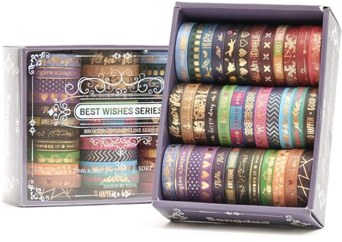 Songdao 36 rullar tunn folie guld washi tejp set maskeringstejp färgglada för barn, scrapbooking tillbehör, bullet journals, pysselplanerare, hantverk och gör-det-själv (bronsbokstäver)