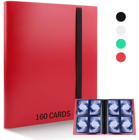 RISVOWO Sammelalbum für Karten, 160 Fächer, Wasserdicht, Elastischer Gurt, Rot, 21cm x 18cm