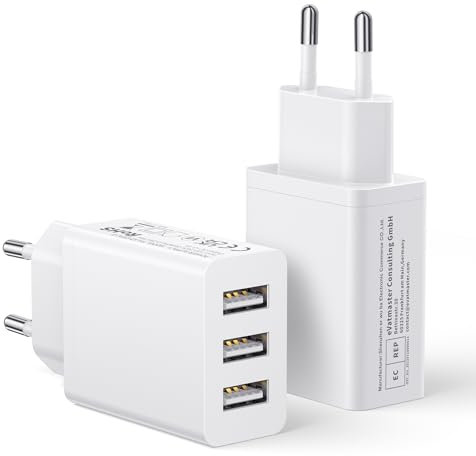 Cargador Enchufe USB Multiple 2Pack, Carregador USB Charger 3 Puerto 15W/3A Cargador Movil para iPhone 16e/16 Pro Max/15/14/13/12/11/XR/8/SE, Samsung S25/S24/S23/S22/A56, Xiaomi, Huawei, Google