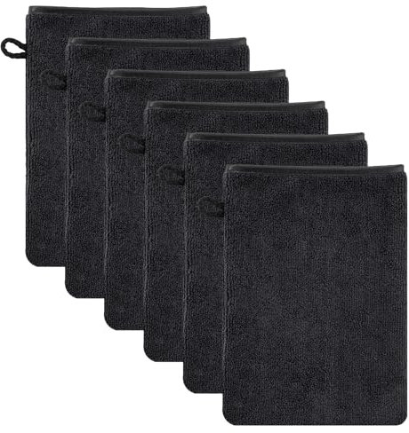 SREBIWO 6 Stück Mikrofaser Waschhandschuhe, 15x21cm Wiederverwendbare Make-up-Entferner-Handschuhe Waschlappen Weiches Gesichtshandschuh Seiftücher mit Aufhängeschlaufen (Schwarz)