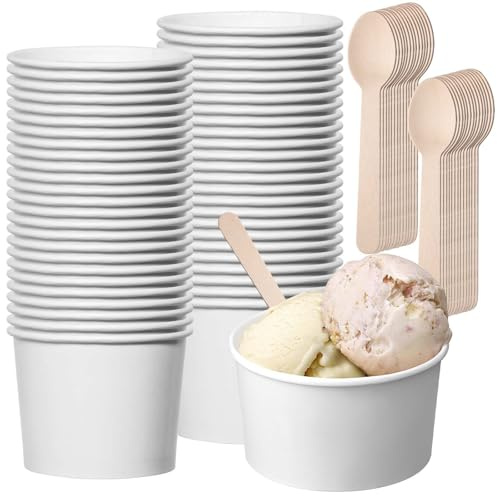 50 stycken miljövänliga universella kartongglassbägare, 240 ml glassbägare av papper med 50 stycken skedar, dessertkoppar kartong, komposterbara koppar, papperssnackkoppar för is, yoghurt, fingermat