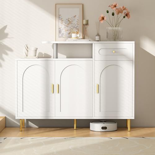 Merax Commode buffet meuble à chaussures avec poignées en métal, 1 tiroir et 3 portes sur pieds en métal, blanc, 120 x 92 x 35 cm, espace de rangement polyvalent pour salon, couloir et cuisine