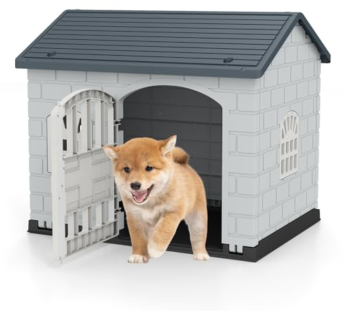 GOPLUS Caseta para Perros de Plástico Exterior Interior, Casa para Perro con Puerta con Cerradura, 3 Ventanas, Techo Inclinado, Jaula Decorativa para Cachorros Impermeable, 75 x 58 x 65 CM (Gris)