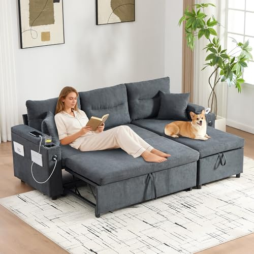 Luscriate Divano letto 3 posti con vano portaoggetti, divano ad angolo con chaise longue idraulica e letto a cassetti, divano con USB-C e porta bevande, moderno divano in lino per soggiorno (Dark