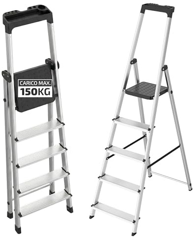 Scala Pieghevole in Alluminio a 5 Gradini con con Vassoio Portautensili Integrato || EN 131 || Portata 150kg || Struttura Robusta e Leggera per Casa, Ufficio e Fai da Te