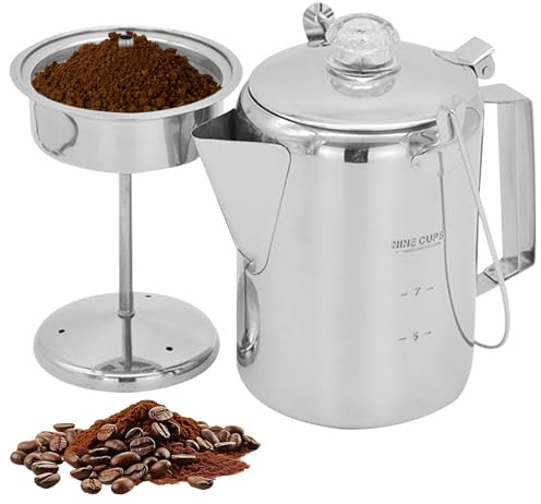 Vervevum Perkolator kaffekanna rostfritt stål camping kaffebryggare 2 dl kapacitet bärbar perkolator med klar topp glasknopp utomhustillverkare för lägereld, campingmakare