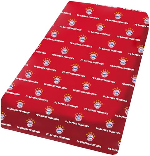 FC Bayern München Spannbettlaken Rot 90-100 cm x 190-200 cm 100% Baumwolle Mia san mia Allianz Arena Fußball Rekordmeister FCB Bundesliga Spannlaken Bettlaken Spannbetttuch passend zur Bettwäsche