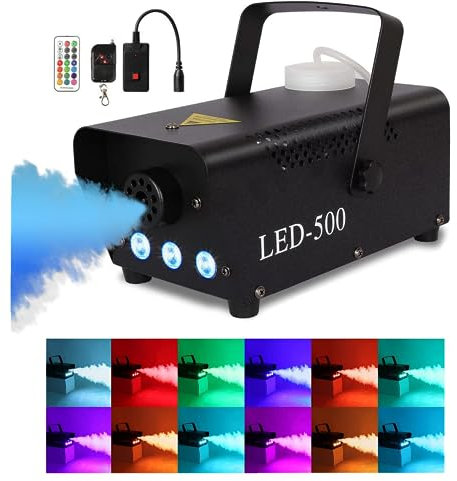Máquina de Humo 500 W con Efecto de Colores Luces LED RGB, Maquina Efectos con Humo Automático y 2 Controles Remotos para Halloween, Fiestas, Bodas, Navidad, Escenarios