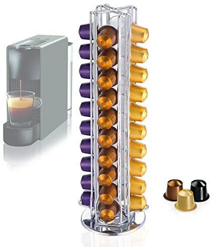 MaxMiuly Kapselhalter Rotierend für 40 Nespresso-Kapseln, Drehbar Kaffee Kapselständer für OriginalLine Kaffeepads, Ständer für Kaffeekapseln Silber Chrom Haltbar