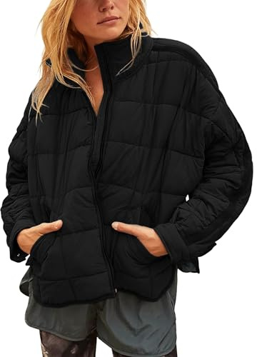 Freyhem Quilted Puffer Jacket Women Lightweight Short Zip Up Padded Coat with Pockets(Black-M)