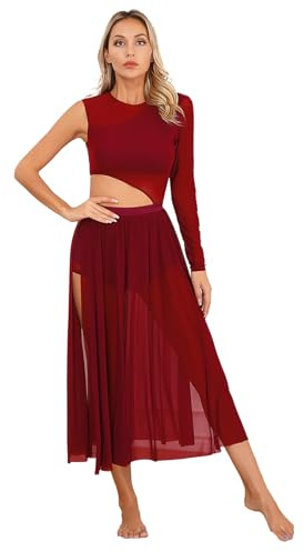 inlzdz Femme Robe Danse Lyrique Rythmique Asymétrique Robe en Maille Transparant Bodysuit Une Manche Costume Patinage Artistique Compétition S-XXL A Rouge S