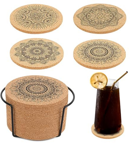 12 sottobicchieri in sughero, in legno, riutilizzabili, rotondi, sottobicchieri in sughero, assorbenti, per caffè, bar, cucina, ristorante, ufficio e con supporto in metallo