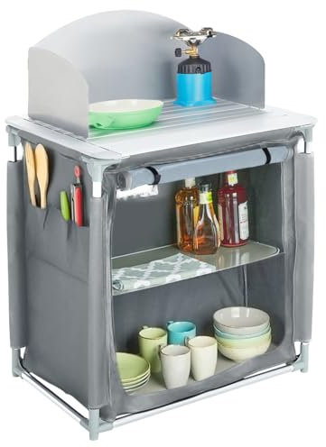 Warmiehomy Camping Kitchen Unit Portable Fold-Up Camping Storage, Grey Camping Cupboard with Aluminium Frame for BBQ, Picnic, Kitchen Storage Shelves, 76×56×114cm