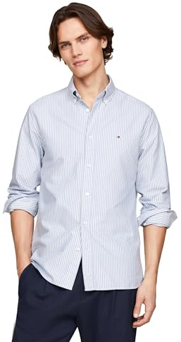 Tommy Hilfiger Men's Long Sleeve Oxford Shirts in Regular Fit, Men's Button Down Shirts, Also Available in Big and Tall Shirt Blue/White