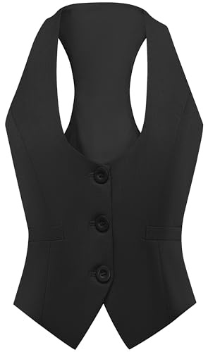 Foucome Women's Waistcoats Fully Lined Business Casual Vest Tops | V-Neck, Slim Fit, 3 Button, Work Office Suit Waistcoat, Racerback Ladies Formal Dress Waist Coat