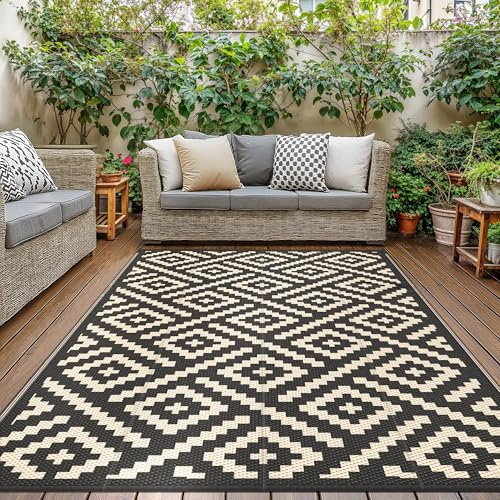 GENlMO Outdoor Teppich Wetterfest 150x240cm Picknickdecke Plastik-Strohhalm Matte UV-bestandig Camping Teppich Waschbarer Outdoor Teppiche fur Garten, Balkon,Pool, Deck, Hinterhof, Schwarz & Beige