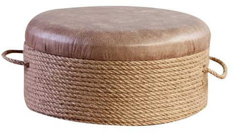Preferspace Taburete otomano para pies, Taburete para sofá, taburetes para Zapatos, puf otomano Redondo para Sentarse, Tejido de Cuerda de cáñamo con asa para Sala de Estar Familiar al Aire Libre
