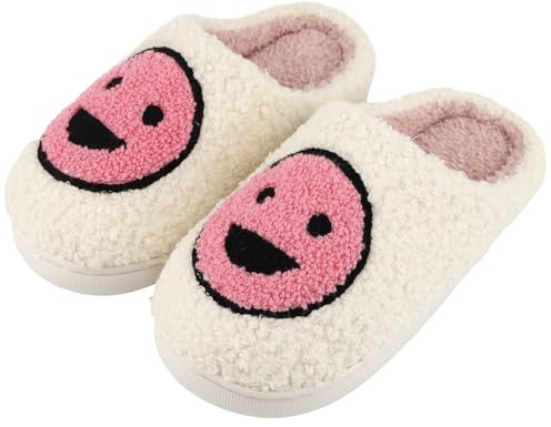 QZCEO Ladies Slippers Soft Plush Womens Mens Slip-on House Slippers Retro Happy Face Warm Comfortable Memory Foam Fluffy Indoor Outdoor Home Shoes Pink 6/7 UK