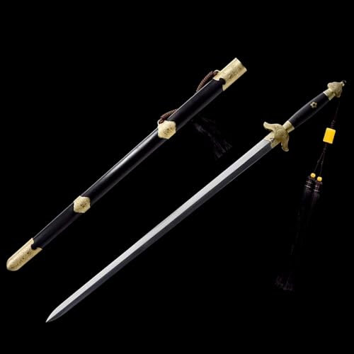 Chinesisches Tai-Chi-Schwert┃Handgeschmiedete Musterstahl Klinge┃Natürliche Ebenholz Scheide┃Zubehör aus reinem Kupfer┃Gerades Schwert zum Sammeln,Geschenk,Kampfsport,Heimdekoration,Kendo,Cosplay