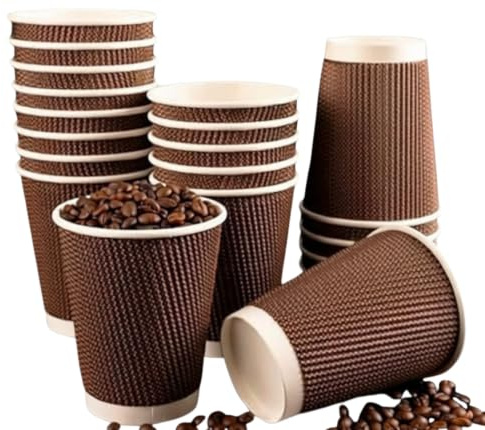 500 x 12oz Ripple Brown Kraft Paper Coffee Cups - Strong 3-PLY Disposable Insulated Coffee Cups - Leak-Proof Recyclable Drinking Cups for Hot Drinks, Tea, Coffee and Beverages