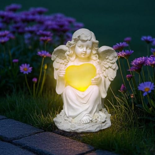 Tuzsocr Estatuas de ángel solar para jardín, figura de ángel de la guarda con luz LED de amor, ángel de luto para tumba al aire libre, resistente a la intemperie, para cementerio, escultura de ángel