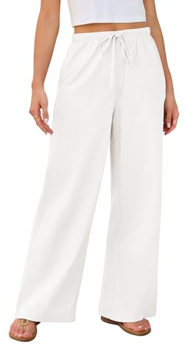 Lishang Pantalon Lin Femme été Taille Haute Décontracté Pantalon Leger ete avec Poches Vetement Femme pour Casual Plage Blanc L