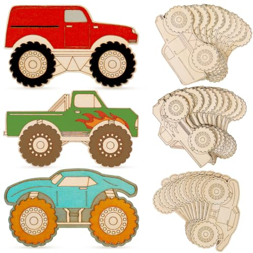 Juego de manualidades de madera para niños, 30 piezas, decoración de camión de monstruos, recortes sin pintar para manualidades para cumpleaños infantiles, vehículos para pintar adornos para fiestas