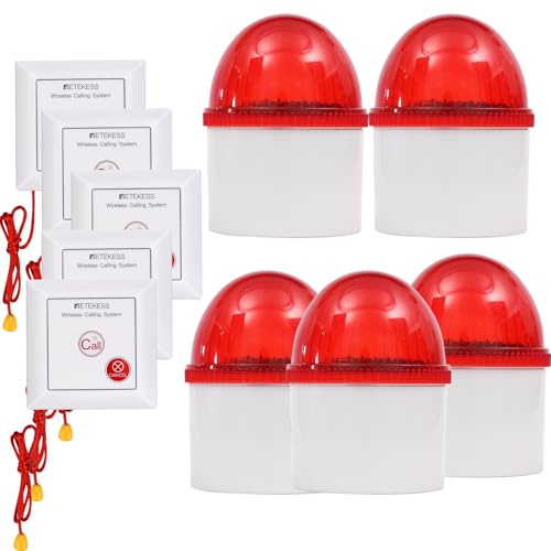 Retekess TH103 Sistema di Allarme,Allarme Anziani Pulsante di Emergenza, IP54 Impermeabile Pulsante Chiamata Con SOS Corda di Tirare per Paziente Anziano, Personale Casa (5 Pulsante + 5 Ricevitore)