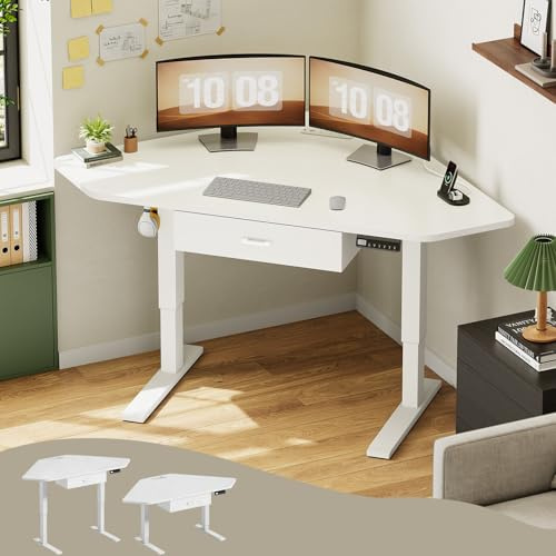 SEDETA Corner Standing Desk, 32'' Small Height Adjustable Electric Computer Desk with Drawer for Gaming, Small Space, Stand up Home Office Study Writing Desk, White