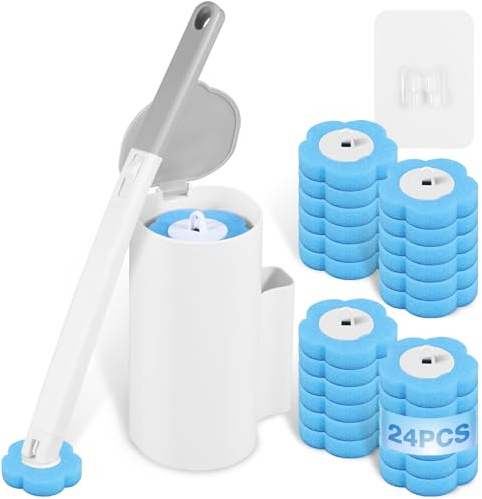 Scopino WC Usa e Getta con 24 Ricariche Detergenti, Set Spazzola per Pulizia Bagno Profonda a 360° con Supporto e Manico Lungo Ergonomico, per Bagno, Lavandino e Pavimenti