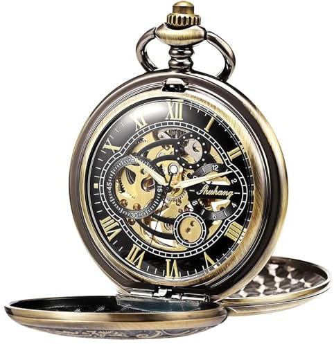 SIBOSUN Pocket Watch Skeleton Mechanical Double Case Hand-Wind Bronze Roman Numerals Antique Chain Mens