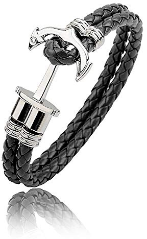 WikiMiu Bracelet Homme en Cuir Design Ancre Tressé à la Main, Style Hip-hop Personnalité, Bijoux Fantaisie Cadeau Parfait Pour Anniversaire et Fêtes, Livré avec Boîte Cadeau (Noir)