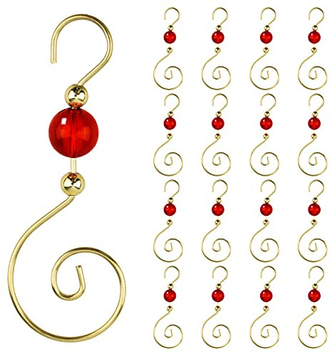 INCREWAY Wire Ornament Hooks, 30 Pcs Gold S-Shaped Christmas Tree Hanger Hooks Metal Decoration Hooks with Red Round Crystal Beads for Party, Home Decor (Gold Hook & Red Bead)
