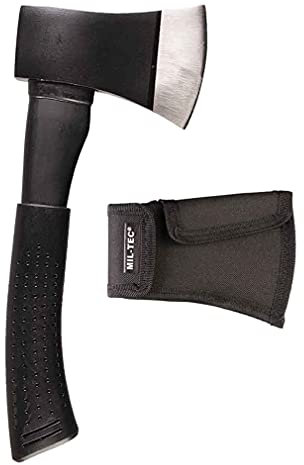 Mil-Tec Hacha de acero con bolsillo para la cabeza • Mango de goma • Hacha pequeña para camping, exterior, supervivencia, caza, trekking, jardín • Hacha de madera • Hacha exterior • Equipo de