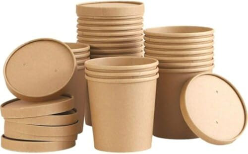 HOT BARGAINS Kraft Paper Soup Containers 12oz/340ml, Pack of 25, Brown Food Bowls with Lids